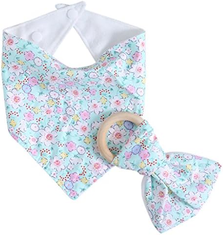 Peachshop Kids Baby Bibs Teether Ring,Unisex Feeding Saliva Towel Dribble Triangle Bandana (Blue Flower)