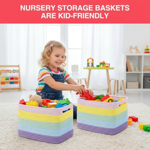Beauenty Woven Storage Baskets,3 Pack Collapsible Rainbow Woven Storage Bins for Shelves,Soft Boho Organizer Baskets for Kids Room,Nursery,Playroom,Classroom