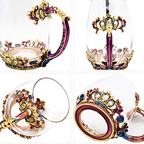 Glass Tea Cup, Lead Free Handmade Enamel Crown Clear Glass Coffee Mug
