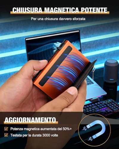 Small Man Credit Card Holder, Slim Men's Wallet with Magnetic Closure and ID Window, Pop-up Leather Card Holder for 11 Cards, Card Holder with Coin and Banknotes, Black and Orange