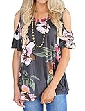 Nlife Women Short Sleeve Cold Shoulder Floral Printed Blouse Casual Tops T Shirt