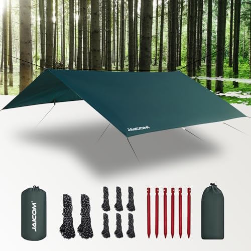 JAICOM Tarp Waterproof - 3 x 3 m / 4 m / 5 m Camping Tent Tarpaulin, Ultralight and Portable, UV Protection & Snow & Rain, with Eyelets, Nylon Ropes, Aluminium Pins, for Hammocks, Outdoor Activities, Patios