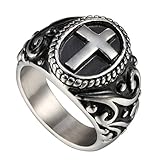 Classic Vintage Christian Cross Prayer Ring, Stainless Steel Retro Flower Pattern Beads Chain Oval Band
