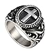 Classic Vintage Christian Cross Prayer Ring, Stainless Steel Retro Flower Pattern Beads Chain Oval Band