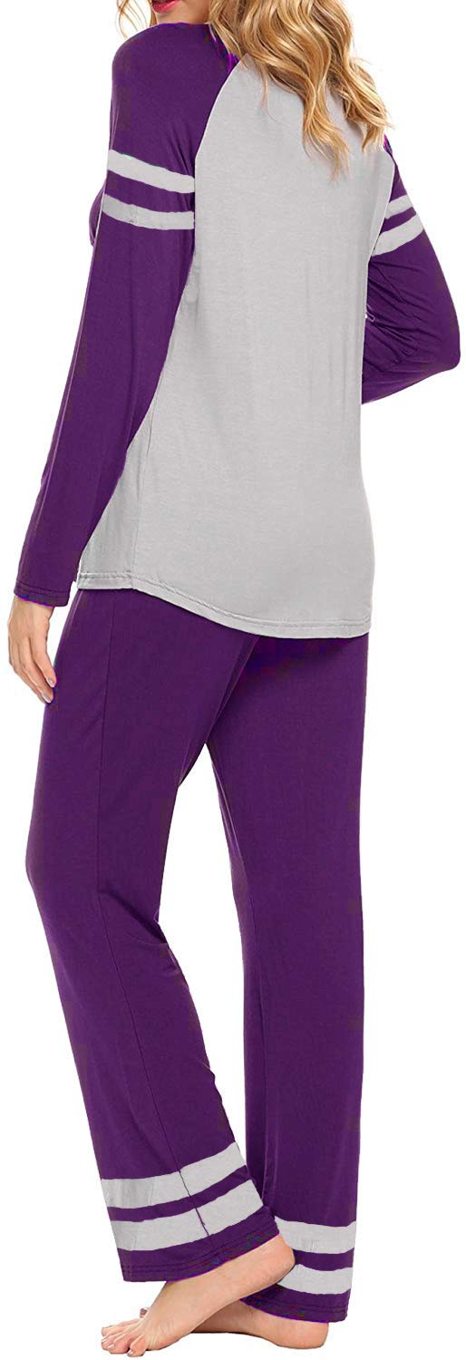AOVXO Soft Pajama Set for Women Casual V-Neck Long Sleeve Loose Loungewear Set Long Sleeve Tops & Long Sleep Pants with Pockets Loungewear (Purple with Grey, XXL)