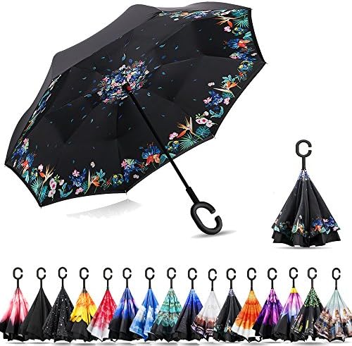 Ylovetoys Double Layer Inverted Umbrella with C-Shaped Handle, Windproof Car Open Folding Reverse Umbrella UV Protection Large Upside Down Straight Umbrella for Car Rain Outdoor (Flower Circle)