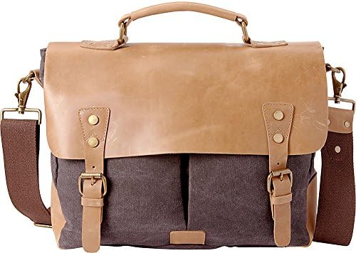 Vagabond Traveler Casual Style Cowhide Leather Cotton Canvas Messenger Bag