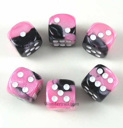 Black and Pink Gemini With White Pips 16mm D6 Dice Set of 6 Wondertrail WCX26630E6