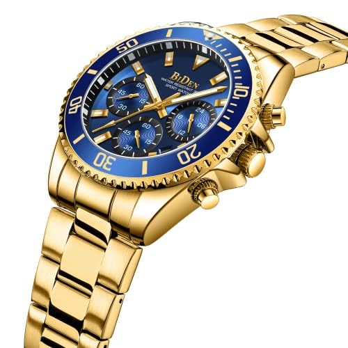 BIDEN Mens Watches Chronograph Gold Blue Stainless Steel