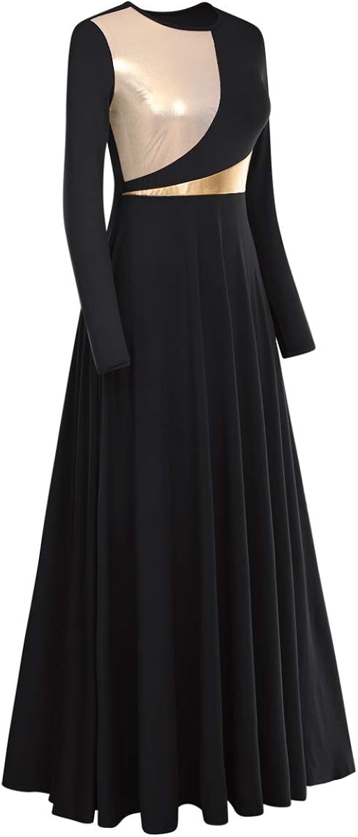 IDOPIP Women Metallic Color Block Praise Full Length Long Sleeve Dance Dress Liturgical Lyrical Dancewear Worship Robe Dress: Clothing