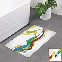 №19283 Bathroom Rug,Abstract Decor,Artistic Wavy Ribbon Line and Smoke Rainbow Like Cool Graphic Artwork,Multi Colored, Non Slip Coral Velvet Foam Bath Mat,Soft Absorbent Shower Mat Kitchen Rug
