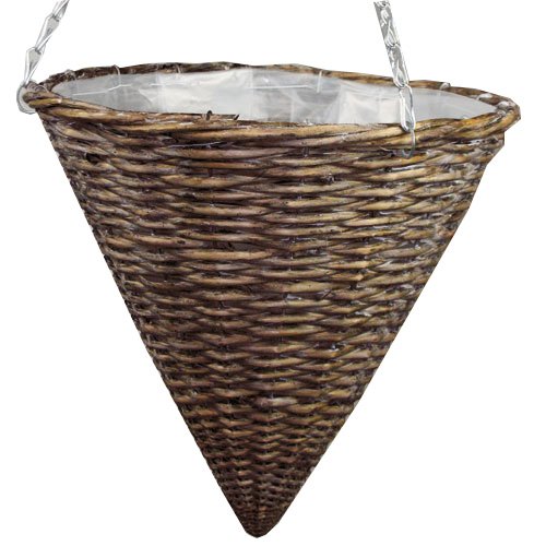 JVL Natural Willow Wicker Lined Cone Hanging Basket Garden, Brown, 12