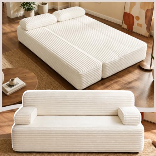 78" Futon Sofa Bed, Queen Size Boneless Corduroy Couch Bed (Beige)