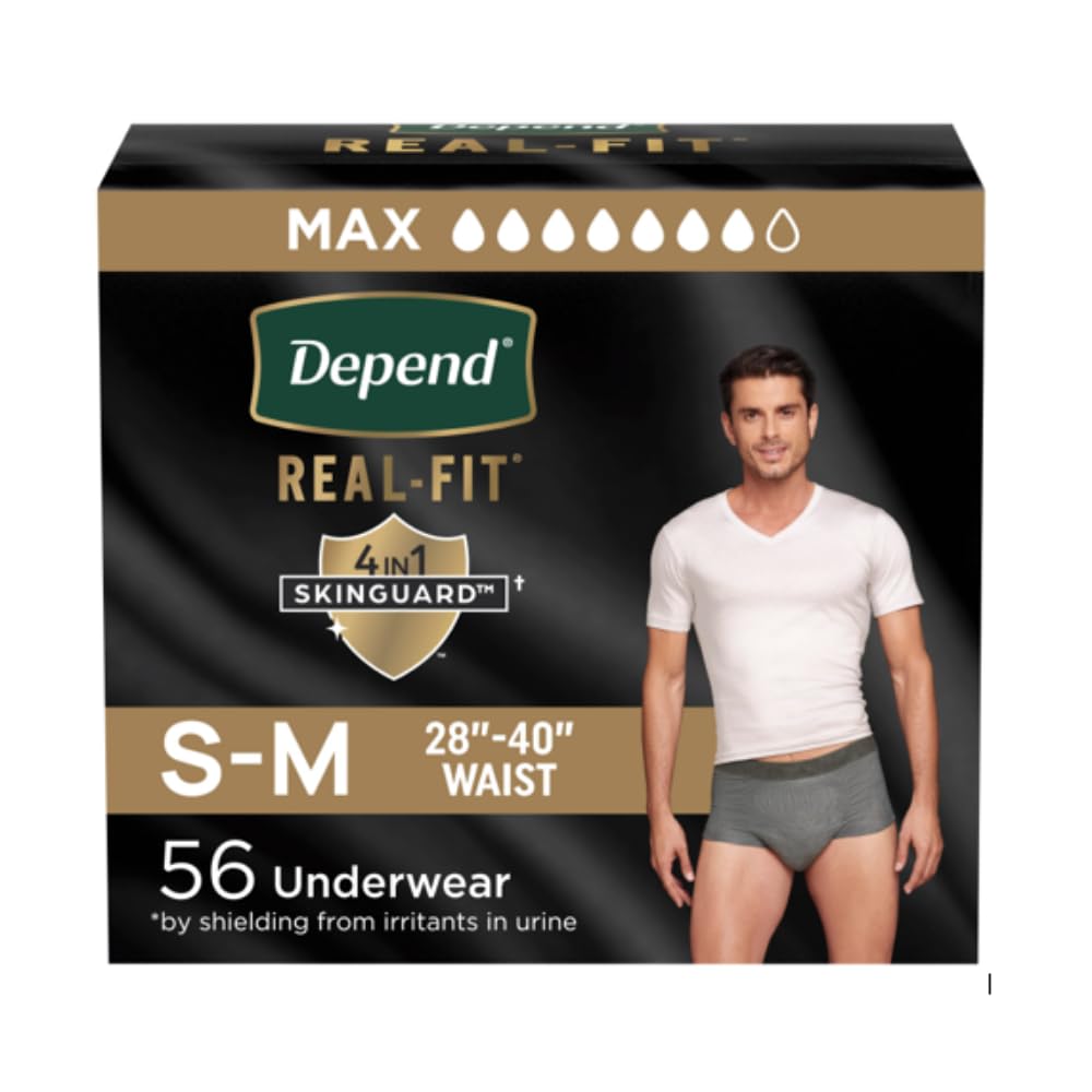 Photo 1 of Depend Real Fit Adult Diapers, Incontinence Underwear for Men, Disposable, Maximum Absorbency, Small/Medium, Grey, 56 Count (2 Packs of 28), Packaging May Vary