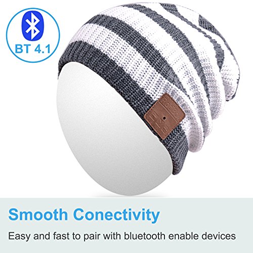 Rotibox Washable Winter Mens Womens Hat Strip Bluetooth Beanie Running Cap w/ Wireless Headphones Mic Hands Free Rechargeable Battery for Cell Phones, iPhone, iPad, Android, Laptops, Tablets - White