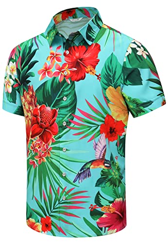 SheLucki Hawaiian Shirt for Men, Unisex Summer Beach Casual Short Sleeve Button Down Shirts, Printed Palmshadow Clothing Pineapple Light Blue S