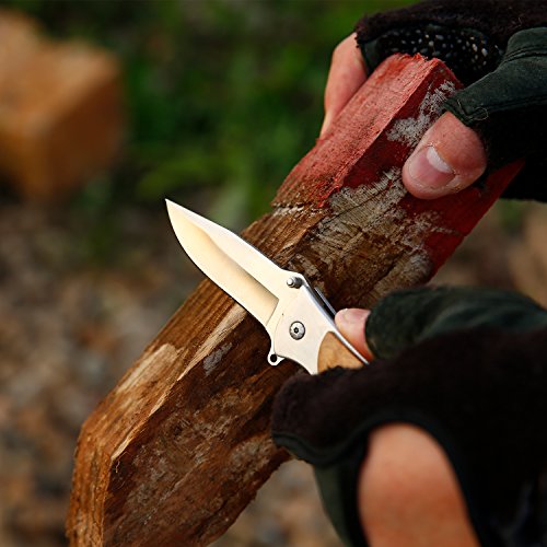 Naturous Folding Pocket Knife Survival Hunting Knife Wooden Handle with Liner Lock