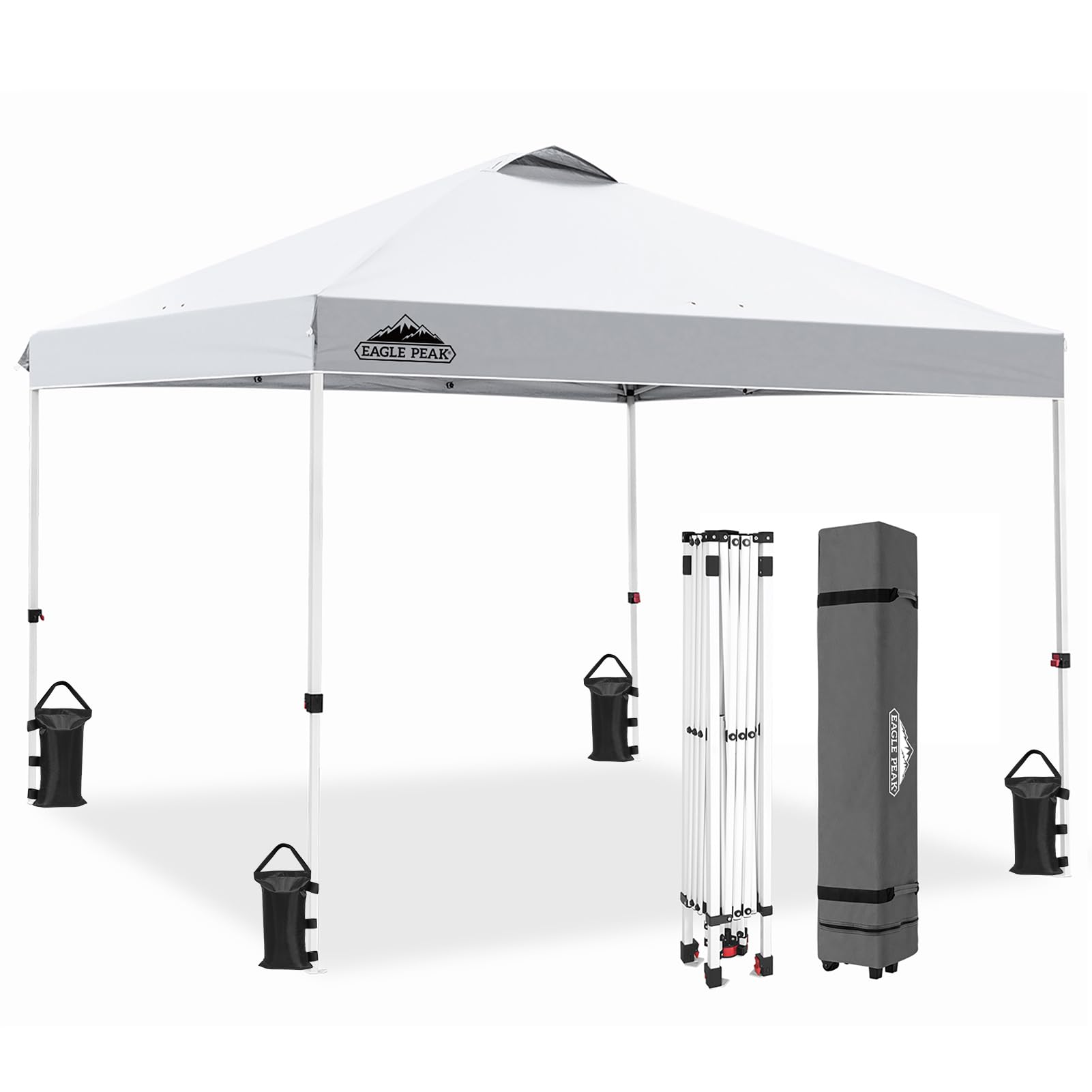Photo 1 of EAGLE PEAK Pop Up Canopy Tent with Wheeled Carry Bag, 8 Stakes, 4 Ropes, 4 Weight Bags, Easy Set Up Tent Canopy, 10x10 ft, 100sqft of Shade, White