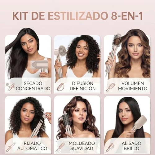 Cepillo Soplador de Pelo 8 en 1|Kit Secador de Pelo con Peine de Aire Caliente|Rizador de Pelo Desmontable Cepillo Alisador Pelo|Multifunción| Motor 110,000 RPM Coanda Iones Negativos y Difusor