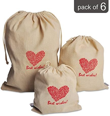 Cotton Muslin Produce Storage Bags with Drawstrings, 6 Pack (2 Each - M, L, XL), Reusable Organic Multipurpose Gift-Bags Great for Grocery Shopping and Household Organizing, Washable Canvas w/ String