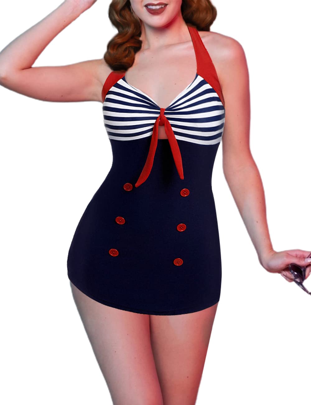 Photo 1 of Ekouaer Womens One Piece Swimsuits Vintage Striped Skirt Bathing Suit Vintage Retro Push Up Swimwear Blue