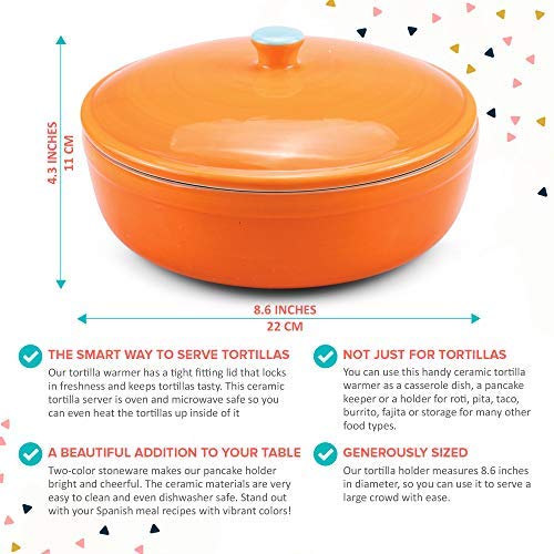 Uno Casa Ceramic Tortilla Warmer - Tortillas Server also Suitable as a Hot pancake or even Chips Storage Container and other Food Warmer - Safe to Use in a Microwave, Oven - Measures at 8.5 Inch