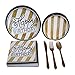 Black & Gold Glitter Happy Birthday Supplies Party Pack - Dinner Plates, Dessert Plates, Napkins and Gold Sparkle Cutlery (Forks Knives Spoons)