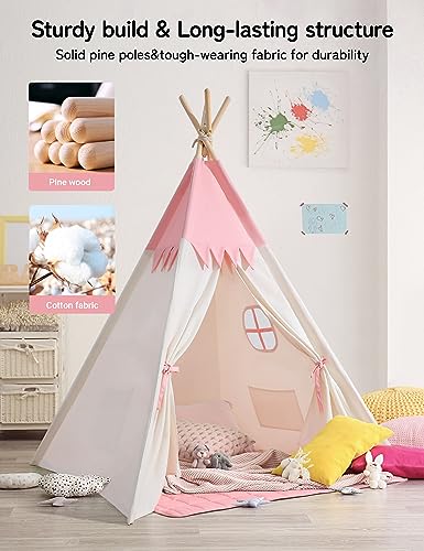 besrey Children's Play Tent Indian Canvas Teepee Cotton with Padded Mat and Fairy Lights (Pink and White)