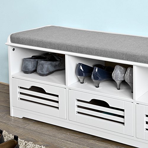 Haotian FSR36W, White Storage Bench with 3 Drawers & Padded Seat