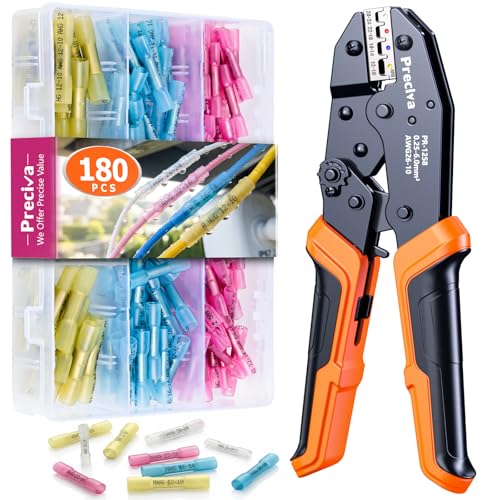 Preciva Crimping Pliers with 180 Heat Shrink Connectors (0.25-6 mm²), Crimp Connector Crimping Tool for Circuit Maintenance and Workshop Inserts