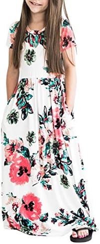 STKAT Girl's Kids Floral Printed Short Sleeve Pleated Pockets Casual Long Maxi Dress