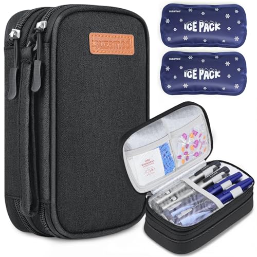 suzamed Insulin Cooler Travel Case, Double Layer Medicine Kit Diabetes Travel Case, Portable Medicine Organizer with 2Pack 150g Ice Pack TSA Approved for Insulin Pens Diabetic Supplies (Black)