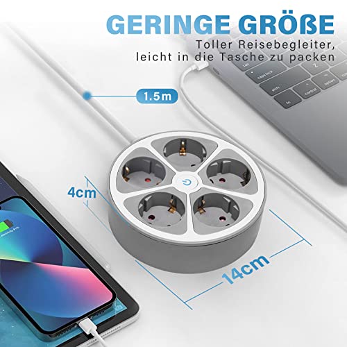 RealMade Steckdosenleiste 5 Fach, Mehrfachsteckdose mit Schalter, Verteilersteckdose Mit Kindersicherung, 1,5m Kabel Runde Mehrfachstecker, Steckerleiste für Büro Zuhause, Weiß+Grau