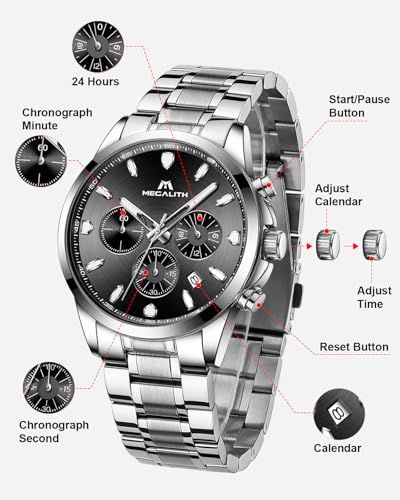 MEGALITH Men's Elegant Wristwatch: Chronograph Waterproof Analogue Watch with Luminous Date – Anniversary Birthday Gift for Formal Business Men