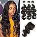 Mureen Brazilian Hair 3 Bundles with Closure Body Wave 4×4 Virgin Hair Lace Closure with Bundles Unprocessed Human Hair Extensions Weave Weft With Closure Natural Color (14 16 18 +12, Free Part)
