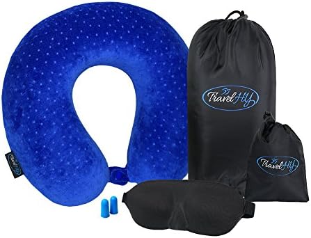 TravelHY Memory Foam Traveling Neck Pillow with Silky 3D Sleeping Mask, Bag and Noise Cancelling Ear Plugs, Light Blue