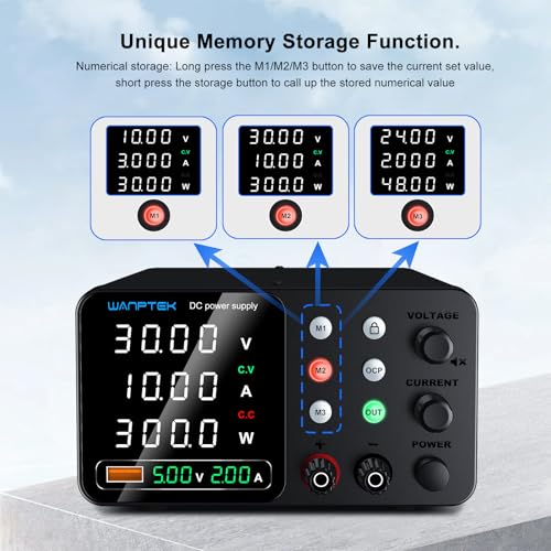WANPTEK POWER 30V 10A Lab Power Supply with 3 Memories and Lock Key, Adjustable Stabilized Power Supply with OCP Protection/Outputs/USB Fast Charging/4 Digit LED Display