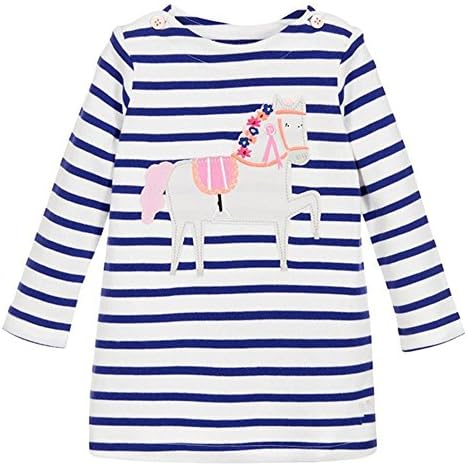 Jumping Meters Kids Cotton Causal T-shirt Dress with Horse Applique (5T, Blue and White Stripe)