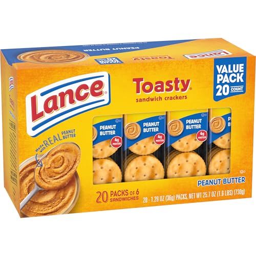 LANCE SANDWICH CRACKERS, TOASTY PEANUT BUTTER, 20 INDIVIDUALLY WRAPPED PACKS, 6 SANDWICHES EACH