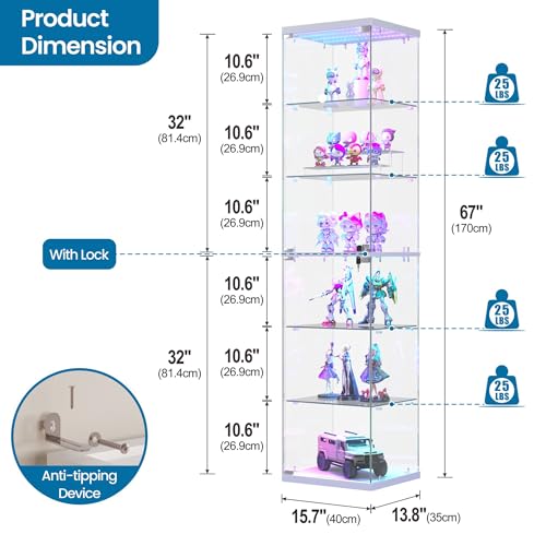 Dystler Glass Display Case RGB Lights 6-Tier Curio Cabinet for Collectibles | Press-open 360° Tempered Glass Doors, 12 RGB Modes & Motion Sensor Auto-Light, Key Lock — Smart Figures Corner Display Case