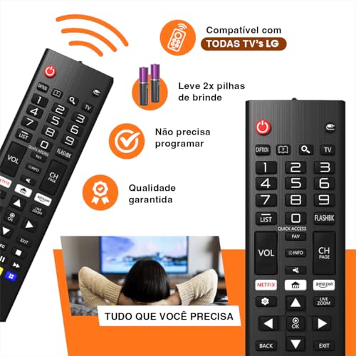 Kit 2 Controle Remoto Para Tv LG Smart 4K LED LCD UHD HD OLED 3D Com Pilhas Netflix Universal AKB73975709 AKB75095308 AKB73715601 AKB74475490 AKB74915324 8035 7045 Pronto Uso Revenda Marca Enveloz