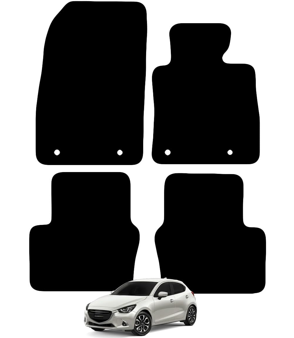 Carsio Carpet Car Mats For Mazda 2 2015 to 2022 4 Piece Set with Clips Tailored Fit Floor Mat Complete Accessory Black Custom Fitted - All Weather, Anti-Slip Backing & Black Trim