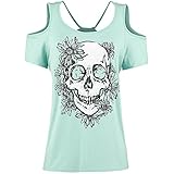 Feel Show Women's Skull Printed Cold Shoulder T Shirt Plus Size Casual Tops