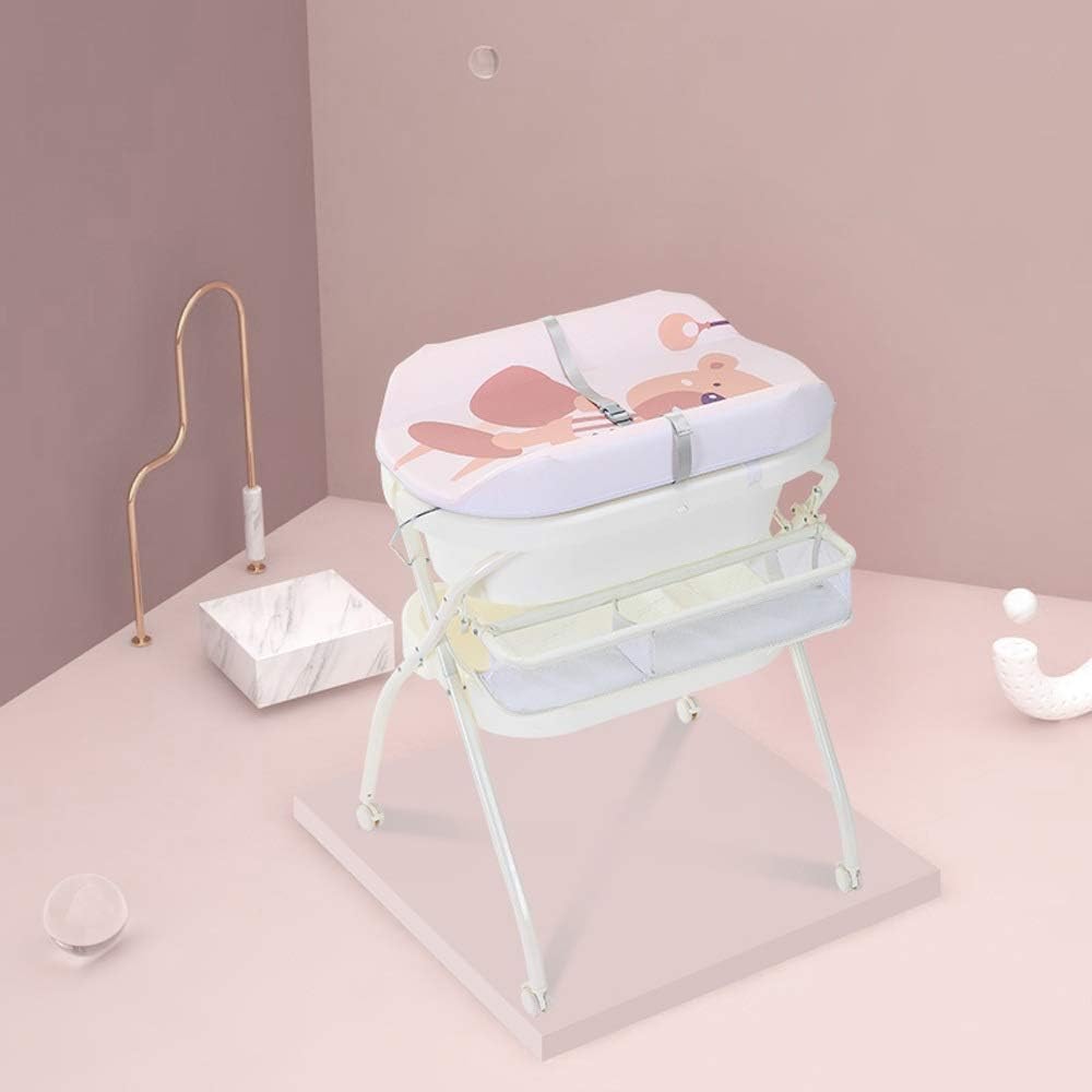 HIZLJJ Children Nursery Side Table Designed for Effortless Dressings and Diaper Changes Portable Clothes Diaper with Bathtub Newborn Massage Table Bathing Station Storage Foldable (Color : Pink)