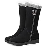 Women’s Snow Boots with Side Zipper Outdoor Warm Winter Shoes Faux Fur Lined Suede Mid-Calf Boots