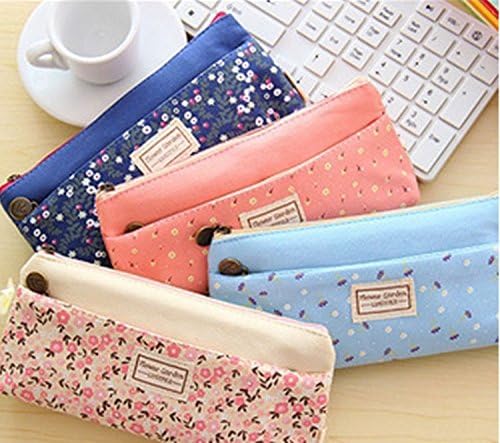 GMissT Flower Canvas Pen Bag Double Zipper Pencil Case Floral Stationery Pouch Bag Pen Case Blue