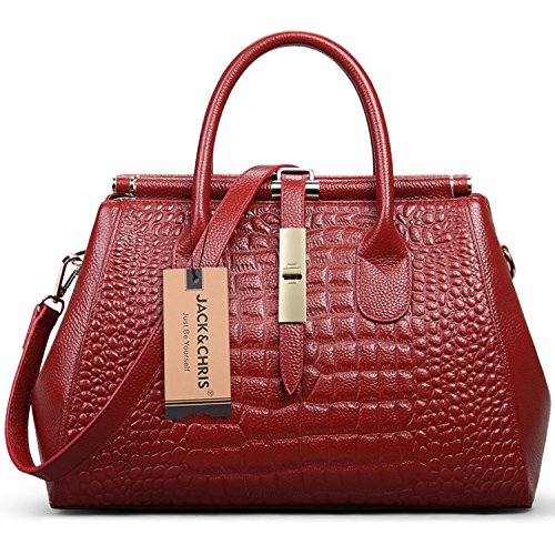Jack&Chris Women Genuine Leather Crocodile Grain Shoulder Bag Top-handle Tote, WBDZ024 (Red)