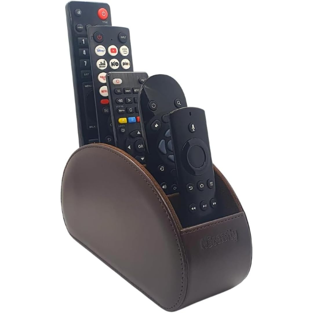 N3cessity Remote Control Holder/Desktop Organiser - Storage Caddy with 5 Compartments Fits Office Supplies, Makeup Brushes. (Brown)