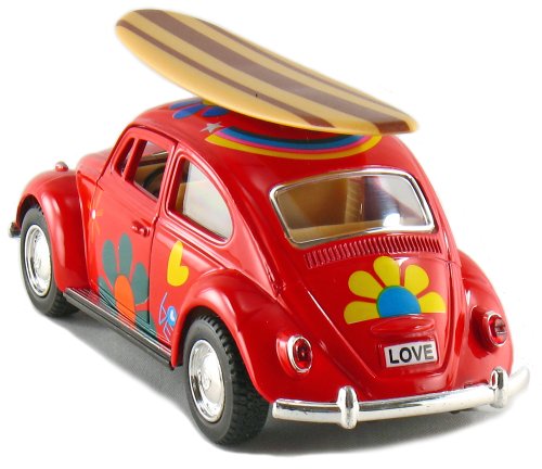 Set of 4: 5" Classic Volkswagen Beetle with Decal and Surfboard 1:32 Scale (Black/Blue/Red/Yellow)