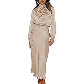 Plustrong Womens Mock Neck Satin Maxi Dress Long Sleeve Formal Party Cocktail Wedding Guest Dresses